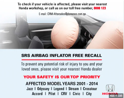Honda to conduct Free 'Airbag Safety Recall' for its Customers.